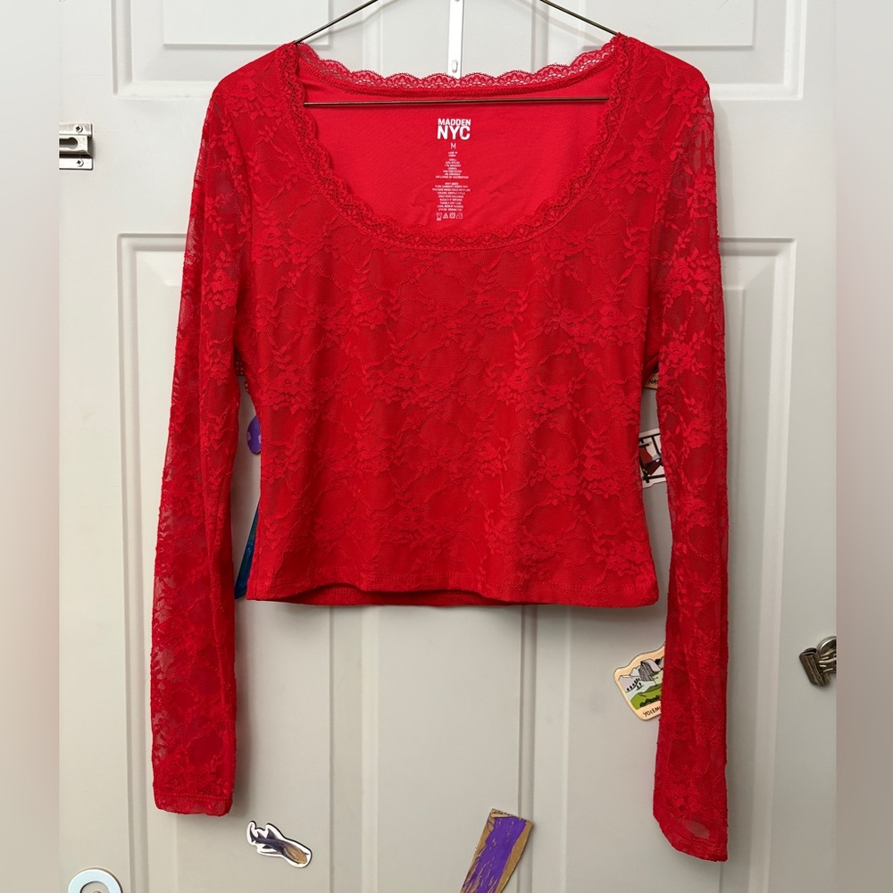 NYC Ruby Red Lace Long Sleeve Top